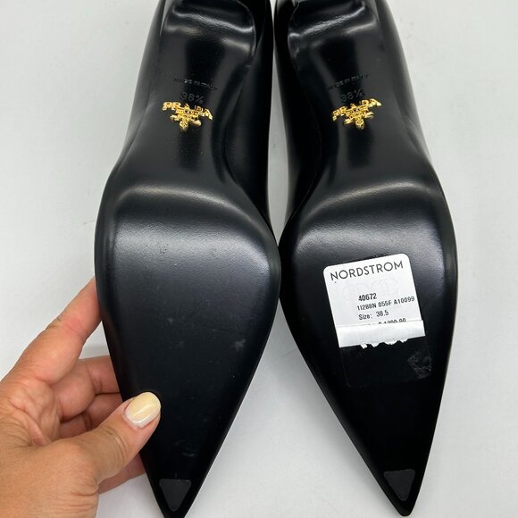 PRADA Triangle Show Leather Pointed Toe Pumps Heels Shoes Black - Picture 13 of 15